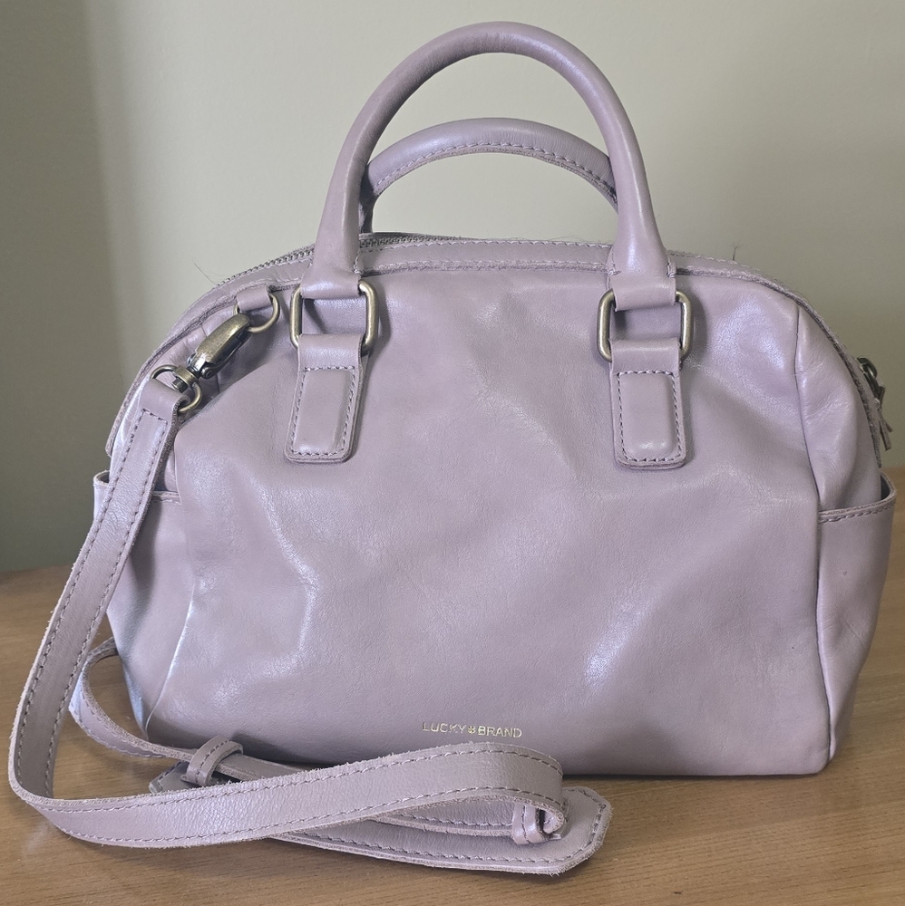 Lucky Brand Taupe Tan Gray Leather Bag Satchel Crossbody Purse Handbag - Picture 2 of 12